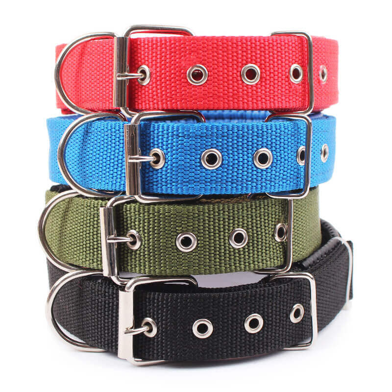 BELLO - Slitstarkt Hundhalsband med Metallspänne. 4x60 cm längd bekväm justerbar nylonrem hundhalsband för små och stora husdjur hundar halsband 4 färger röd/blå/svart/grön
